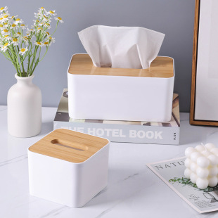 Bamboo cover plastic Commercial Hotel tissue box advertising living room dining room desktop tissue box storage tissue box