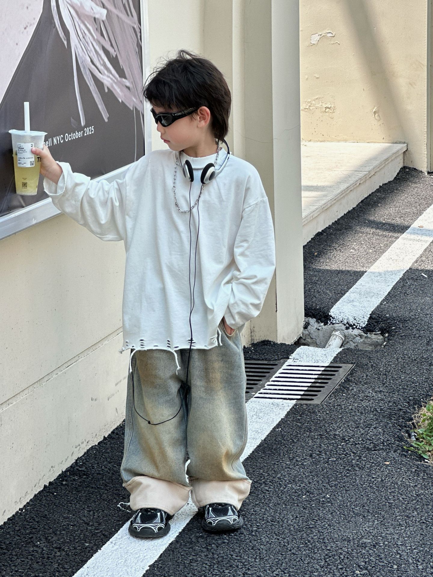 tairu 2024 autumn new korean style boys‘ fashion all-match simple ripped solid color bottoming t-shirt children‘s top