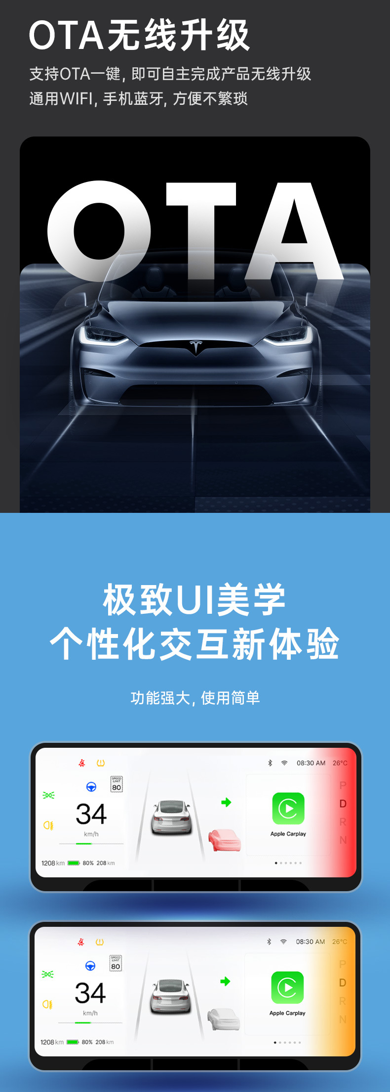 Suitable for Tesla Model 3/Y 8.9inch Car Dashboard Dual-Core Independent Air Vent That Supports Multiple Languages