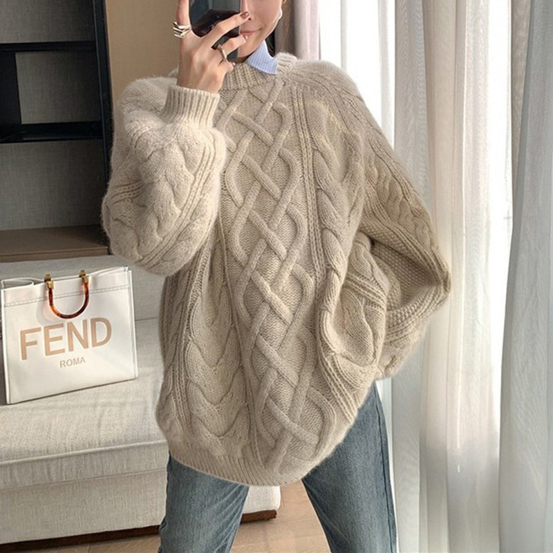 Thick Twist Pullover Sweater Women's Large Size Loose Autumn and Winter 2022 New Lazy Style Knitted Sweater Korean Top Thick Twist Pullover Sweater Women's Large Size Loose Autumn and Winter 2022 New Lazy Style Knitted Sweater Korean Top