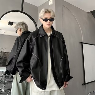 European and American Street Fashionable Loose Biker Suit Leather Jacket Men's Fashionable Duffian Handsome High-Level Aviator PU Leather Jacket Coat