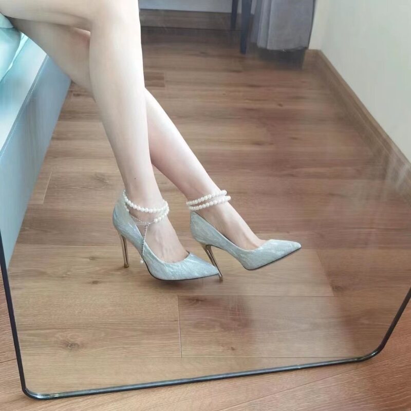 Silver Pointed-Toe Shallow-Mouth Pearl Sequin High-Heeled Shoes for Women, 2024 New Model, Adult Ceremony Shoes, Bridesmaid Shoes