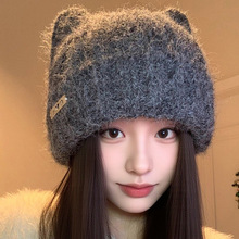 铁标猫耳朵毛线帽女秋冬大头围可爱保暖冷帽显脸小防寒护耳针织帽