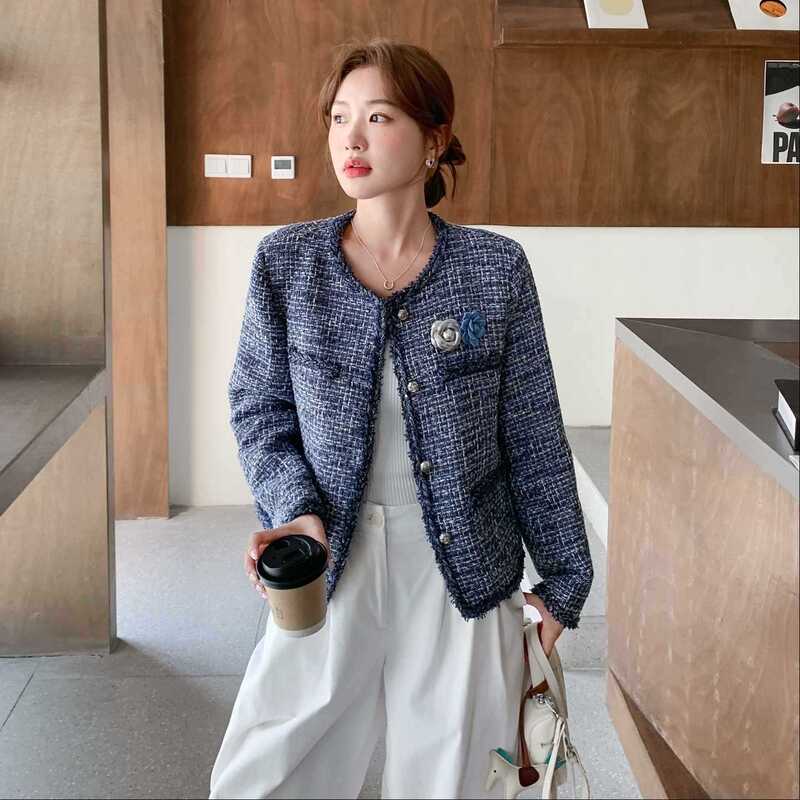 蓝色法式名媛气质小香风短外套女2025秋季小个子减龄休闲圆领上衣|undefined