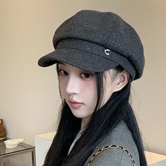 日本製の高品質立体Cマーク八角形帽子、秋冬の女性用厚みのあるウールスパンコール付き暖かいキャスケットハットで、小顔に見えます。