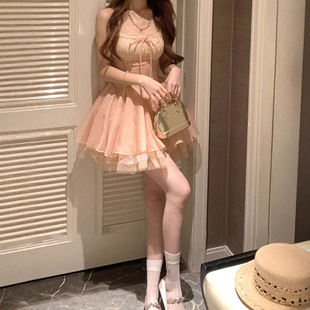 設計感小眾溫柔舒適時尚百搭裙擺蕾絲公主裙花邊抽褶顯瘦千金蓬蓬