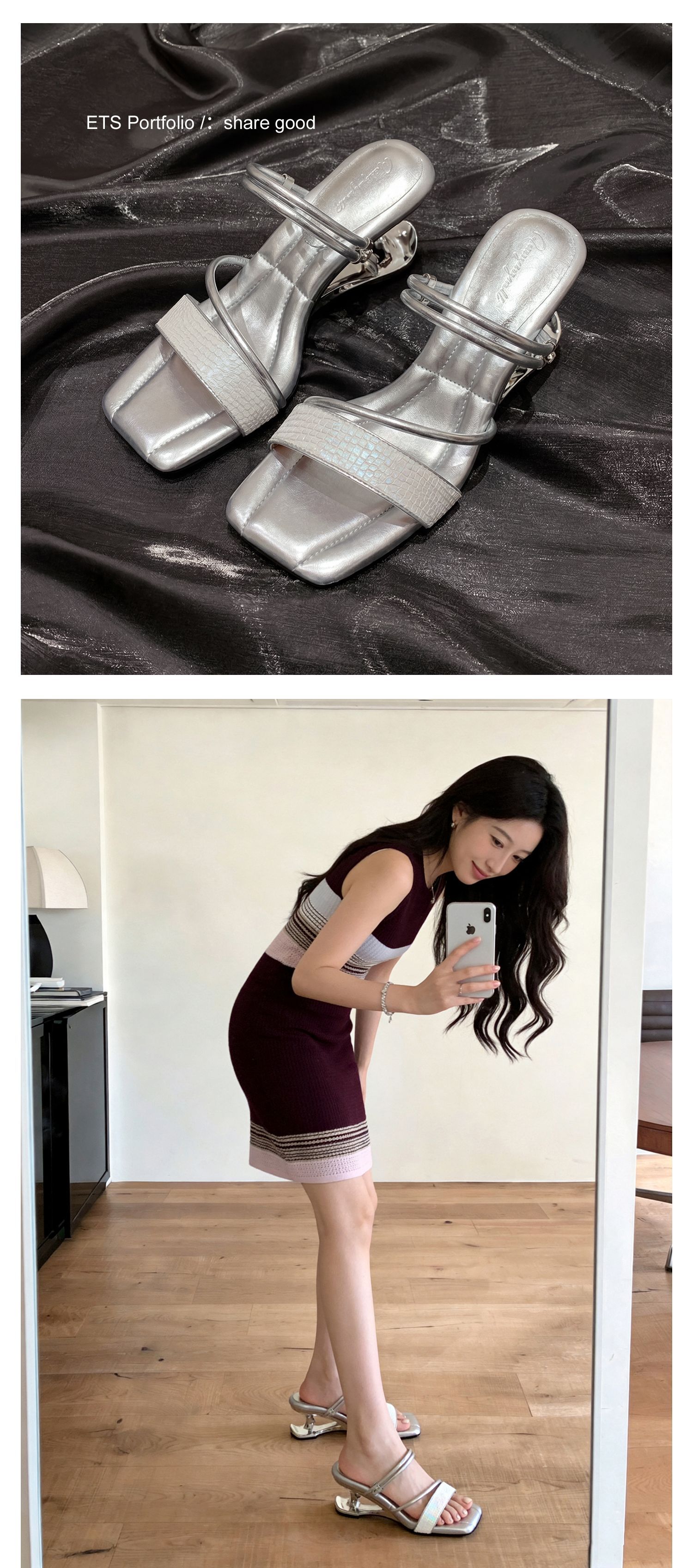 Sandal cao gót nữ quai mảnh mũi vuông hở mũi, gót dị hình, có thể xỏ kiểu một dây hoặc hai dây — màu vàng, bạc chi tiết 21