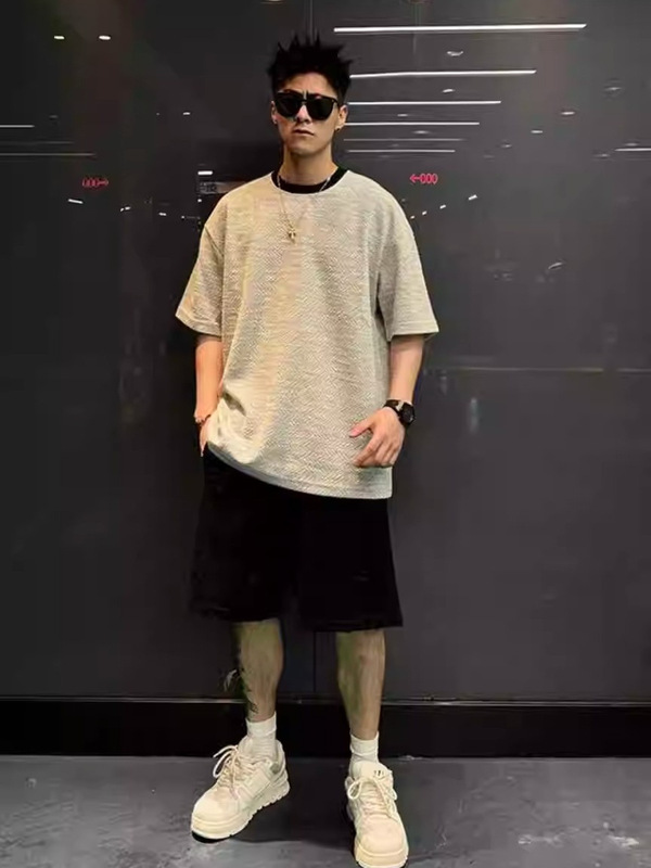 Summer New Designer Trendy Brand Color-Blocking Wide-Fit Crew Neck Short-Sleeve Men's Light Luxury Yarn-Dyed Textured American-Style Loose T-Shirt