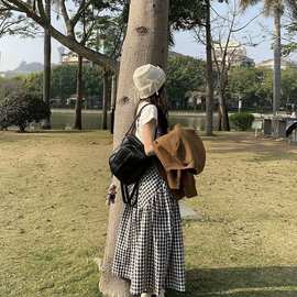 黑色格子半身裙女日系学院风小个子格纹a字裙高腰中长款大摆伞裙