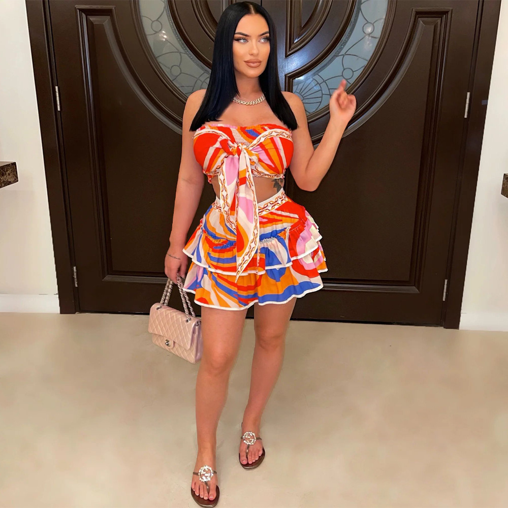 Women Clothing Sexy Sleeveless Backless Skirt Printed Two Piece Suit 5 Women Clothing Sexy Sleeveless Backless Skirt Printed Two Piece Suit