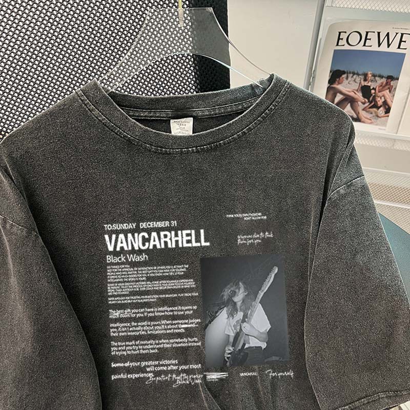 High Street Retro Washed Worn Printed Short Sleeved T shirt Hip Hop Casual Mid Length Coat Trendy