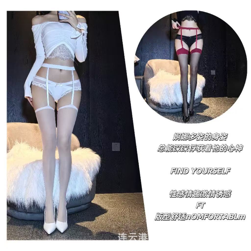 Red Silk-Feel Contrast Stockings with White Garter Sling, Ultra-thin Flat Heel — detail image 2