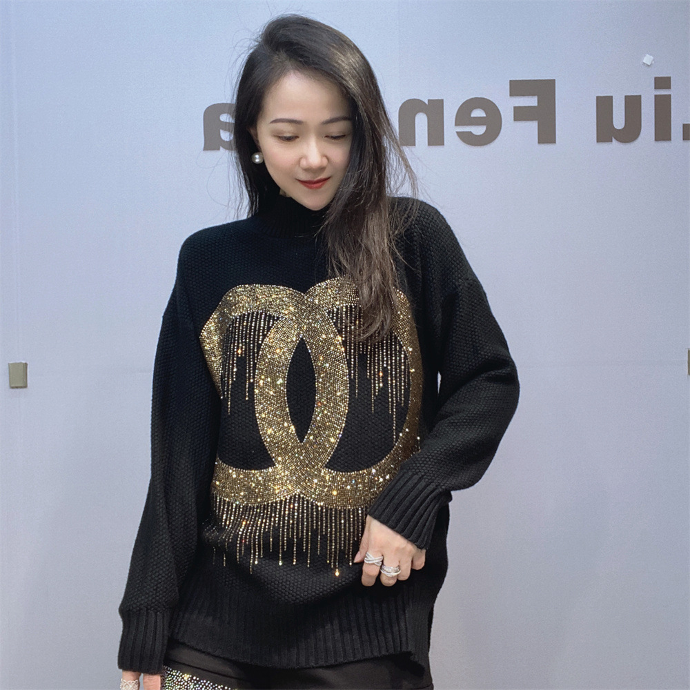 Suéter de punto elegante con pedrería para mujer, cuello alto, talla grande, manga larga, moda transfronteriza, novedad invierno 2025