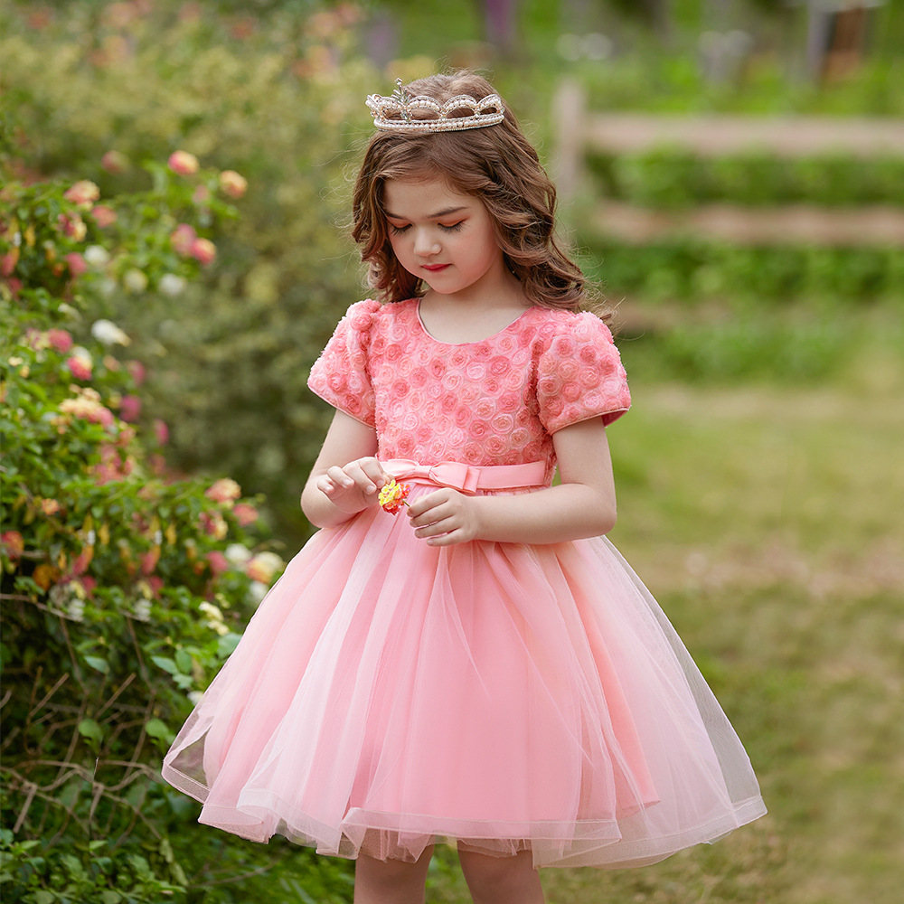 Vestido formal europeo y americano para niñas, vestido de princesa, vestido con mangas abullonadas, vestido de actuación, vestido de princesita con lazo para niñas pequeñas
