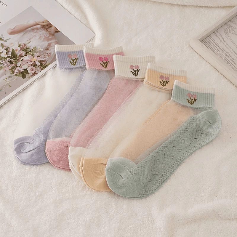 Summer Cute Thin Crystal Glass Silk Socks Women's Short Socks Cotton Bottom Shallow Boat Socks Ins Trendy Invisible Short Socks