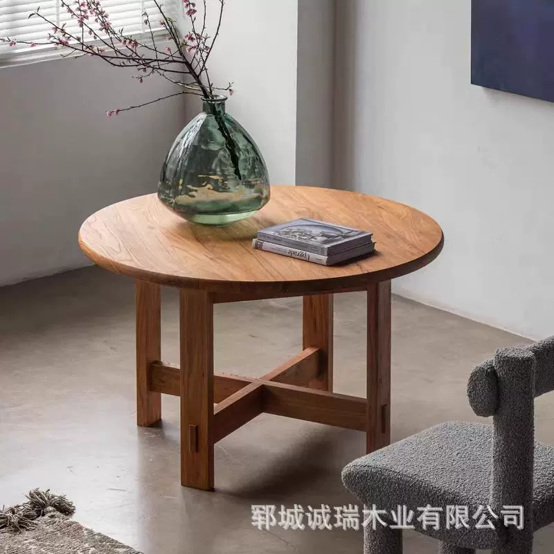 现代简约实木小圆桌阳台休闲洽谈桌老榆木圆形茶桌民宿原木咖啡桌
