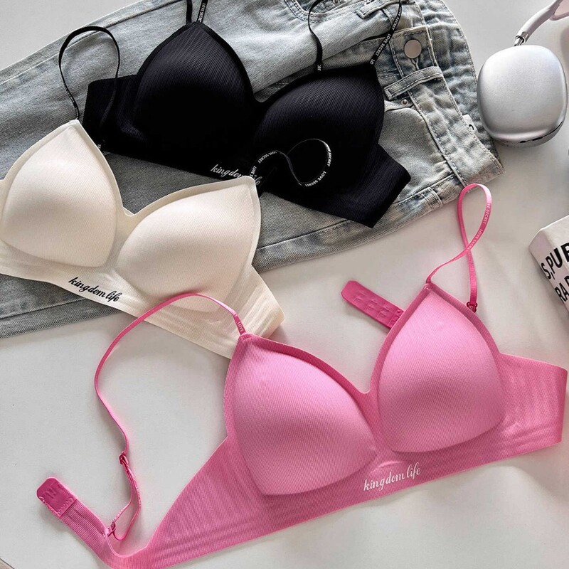 French-Style Triangle Cup Bra for Women with Letter Straps, Small Bust, No Empty Cup, Push-Up, Soft Support, Seamless Bra, No Underwire