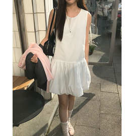 韩国chic夏季小众甜美小个子短款背心裙女无袖蓬蓬连衣裙