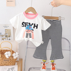 Girls' Summer Short Sleeve Set 2024 New Small and Medium Children Striped Casual Pants Baby Girl Two-Piece Set 2904