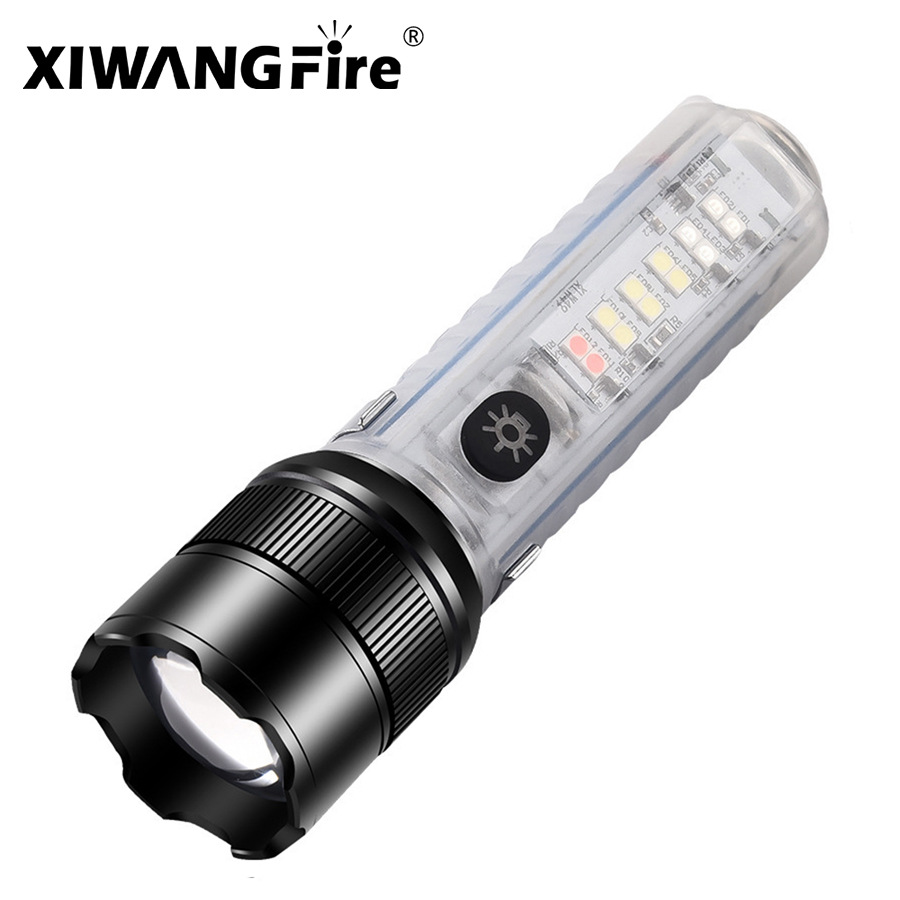 Nuevo blanco linterna láser gancho magnético luz lateral LED rojo azul flash camping luz fuerte luz telescópica zoom