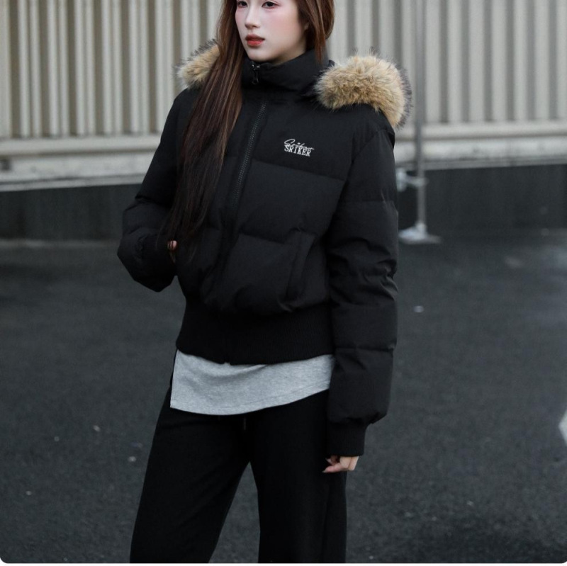 现货冬季短款毛领连帽羽绒棉服收腰显瘦高级感大毛领棉服棉衣|undefined