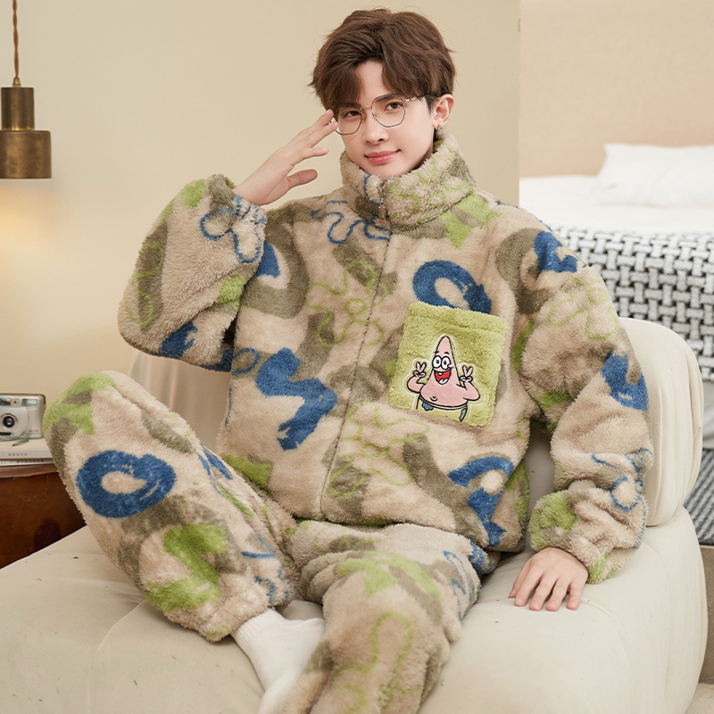 Pajamas for Men Autumn and Winter Coral Velvet Thickeneded Fleece-Lined Cartoon Plush Zipper Youth Home Wear Set