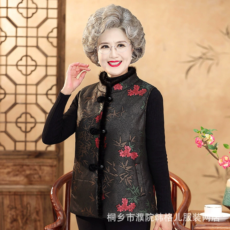 Бабушка весенний толстый жилет 2024 новый средний и пожилой жилет женский осенний и зимний старый леди с круглым вырезом теплый топ
