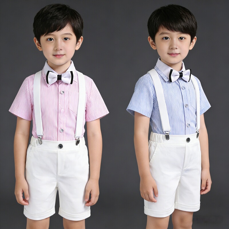 Children's Performance Clothing for Boys, Summer Short-Sleeve Overalls Set, Striped Academy Style for Choir, Speech, and Piano Performance