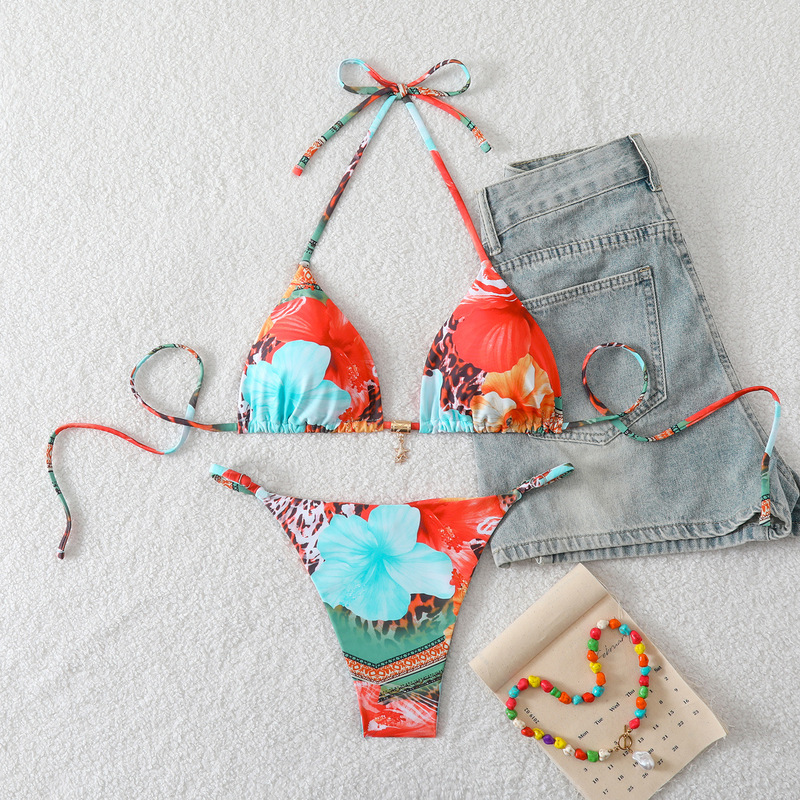 Cross-Border Swimwear Sexy Set Halter Neck Triangle Bottoms Export Beach Pool Party Photo Shoot Multi-Color Print Cross-Border Swimwear Sexy Set Halter Neck Triangle Bottoms Export Beach Pool Party Photo Shoot Multi-Color Print
