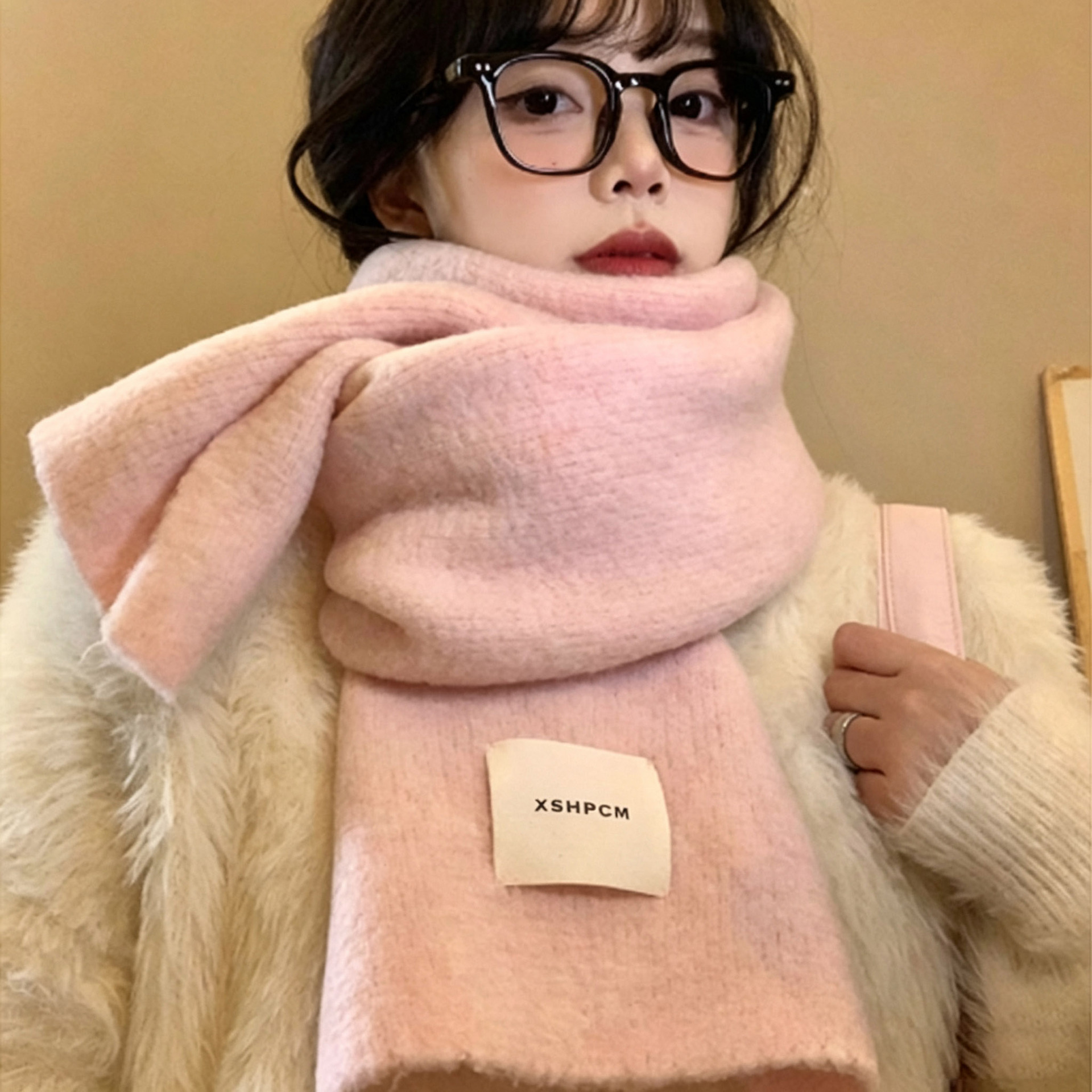 Pink Knitted Scarf for Women in Winter, Korean Style, Thickeneded, Warm, Plush Scarf, Versatile Pure Color, High-End Feel