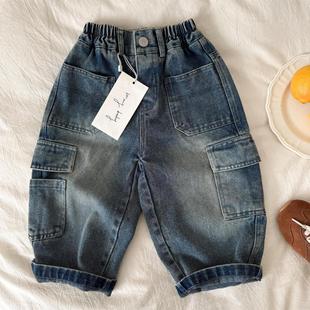 Children's Trousers 2025 Spring New Men's and Women's Children's Wear Solid Color Pocket Jeans Baby's Workwear Straight Leg Pants