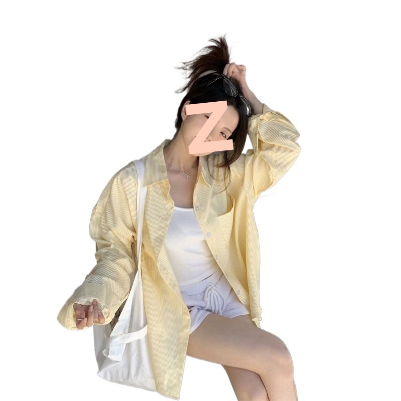 HF黄色ins韩系条纹衬衫女秋甜美设计感休闲宽松衬衣外套|undefined