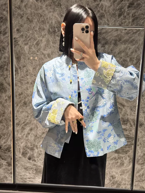 Silk denim spring jacket, with embroidery, Chinese style