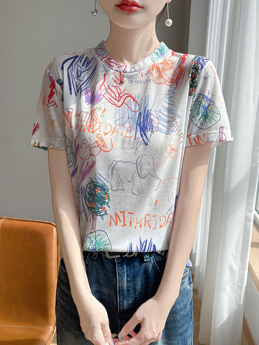 Summer Women's T-shirt Ink Painting Short Sleeve Loose Round Neck Casual Slimming Youthful Fashion Print Short Sleeve