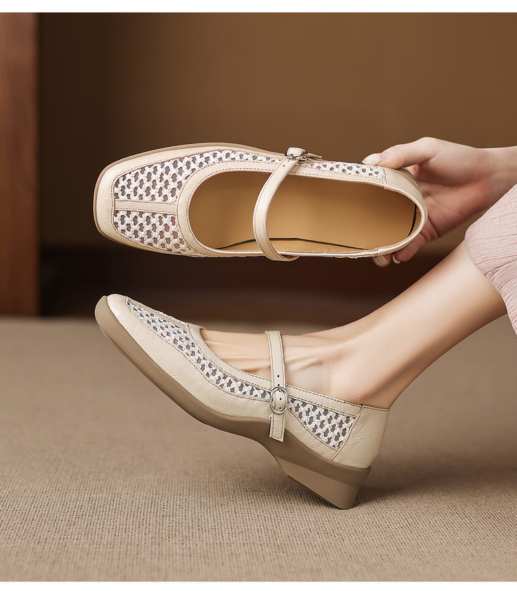 Giày ballet nữ da thật lỗ rỗng phong cách DeTrain phối lưới mùa xuân hè — màu đen, màu trắng ngà chi tiết 24