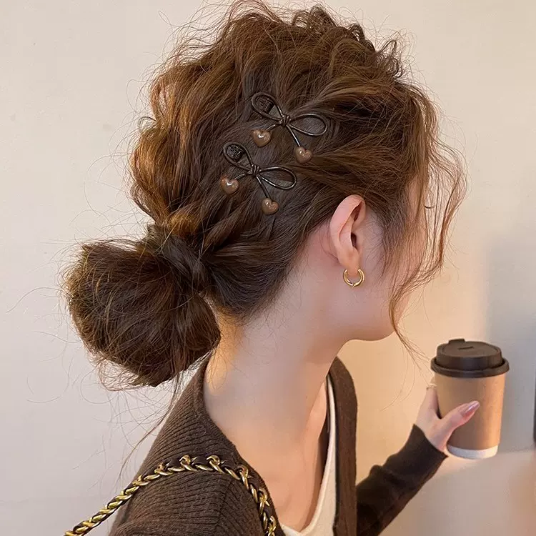 蝴蝶结发夹女咖色爱心边夹侧边前额发卡2025新款刘海夹子高端头饰