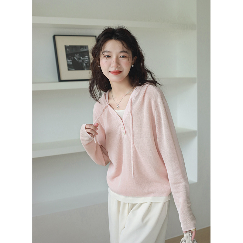 Thin Hooded Knit Sweater 2026 New Style Pink Fake Two-Piece Base Shirt Spring and Summer Loose Short Top for Women Korean Style