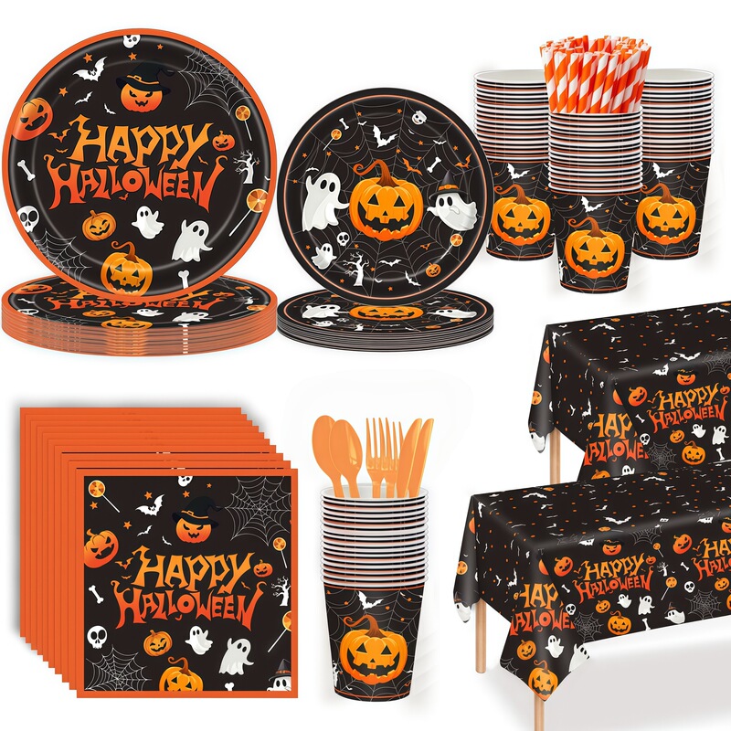 Orange Halloween Disposable Paper Plate Tableware Set Ghost Pumpkin Theme Party Plate Cup Tablecloth Combination Orange Halloween Disposable Paper Plate Tableware Set Ghost Pumpkin Theme Party Plate Cup Tablecloth Combination