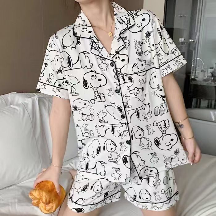 Pijamas de verano de las mujeres de manga corta linda chica Corazón de dibujos animados solapa desgaste del hogar WeChat transmisión en vivo en línea traje de entrega de una pieza