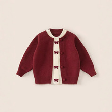 女童毛衣童装批发可爱蝴蝶结假两件儿童毛衣圣诞节红色小童针织衫