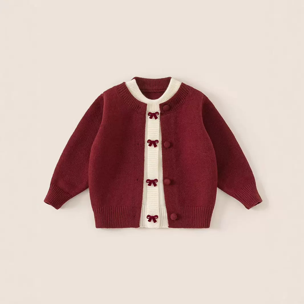 女童毛衣童装批发可爱蝴蝶结假两件儿童毛衣圣诞节红色小童针织衫