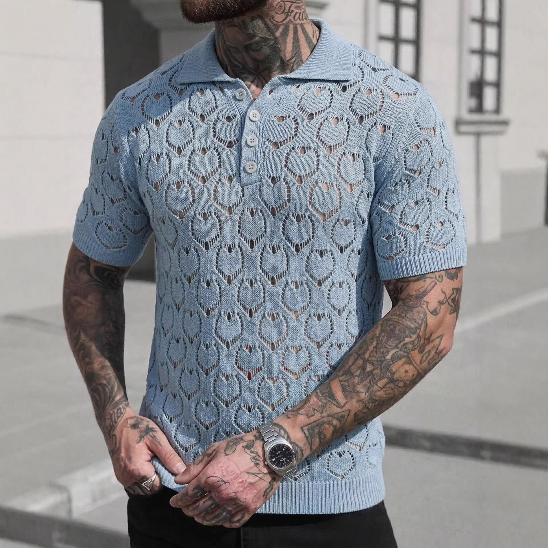 Herren-Poloshirt mit Herzmuster, durchbrochenem Strickmuster, Sommer, Kurzarm, Standarddicke, Polyester_voghion.com