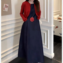 复古无袖设计背心牛仔连衣裙女+长袖针织开衫上衣女2025新款套装
