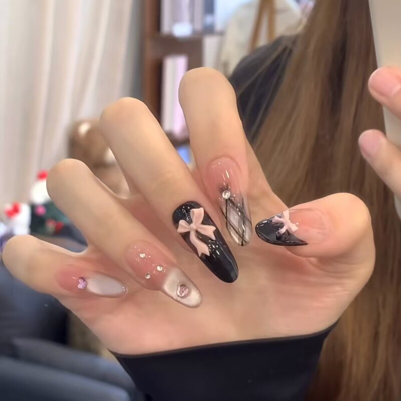 25 Years New Sweet Cool Spicy Girl Color-Blocking French Plaid Three-Dimensional Bow Cat-Eye Brightening Press-On Nails Wholesale