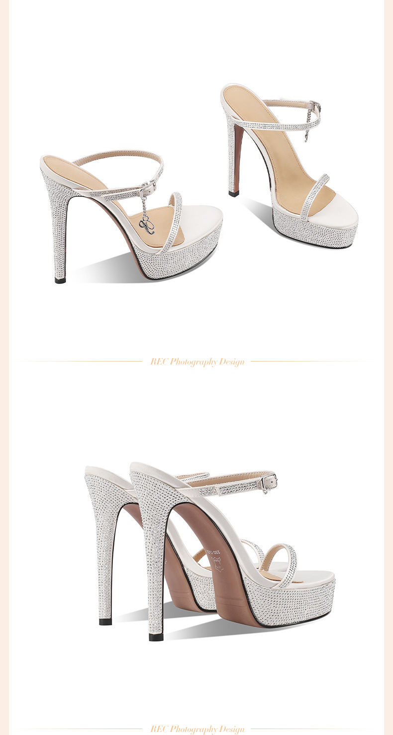 Sandal cao gót nữ hở mũi da thật đế platform đính đá gót 13 cm — Màu rượu sâm banh (13cm) chi tiết 19
