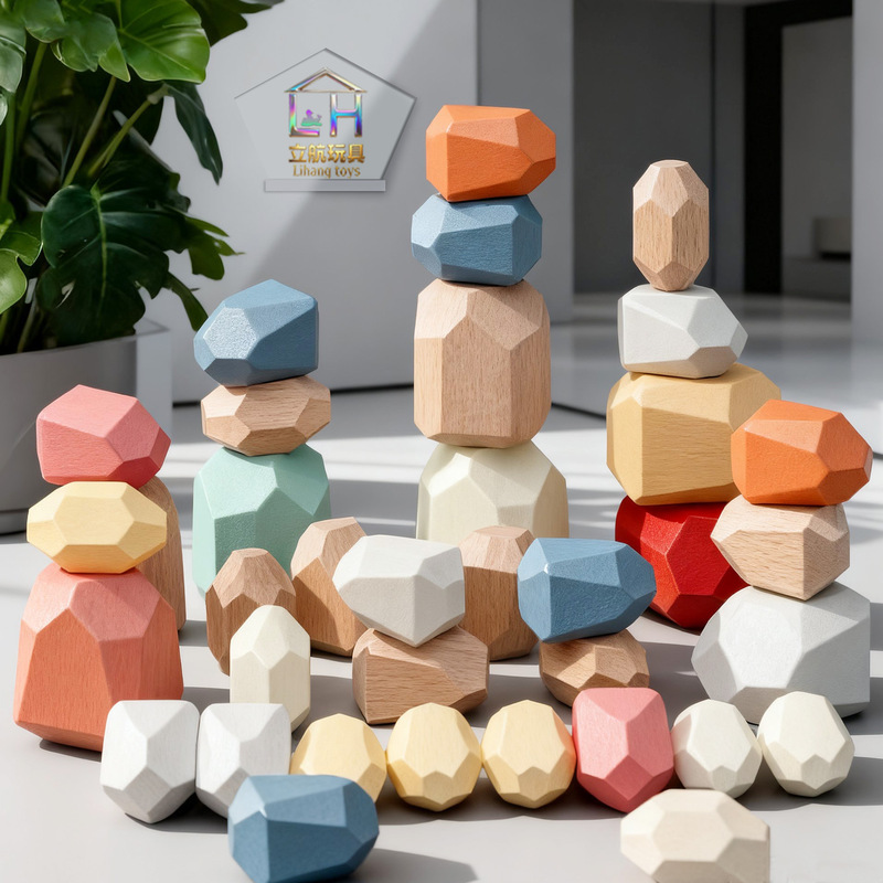 Cross-Border Children's Wooden Stacking Stones, Realistic Colorful Stones, Stacking High, Focus-Improving Stacking Toys, Early Education Educational Toys, Decorative Items