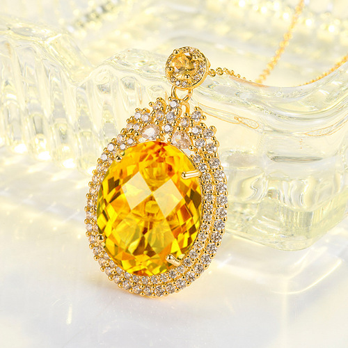 Live Broadcast Large Dove Egg Yolk Diamond Colored Treasure Pendant Palace Style Luxurious Zircon Full-Inlaid Oval Gemstone Necklace