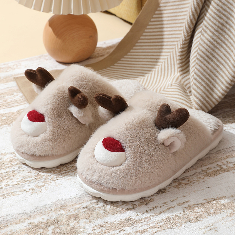 thumbnail image 1 of Zapatillas de algodón para mujer, alce navideño, pantuflas peludas de otoño e invierno, para interior del hogar, antideslizantes, cálidas zapatillas de algodón para niños, 1 of 5