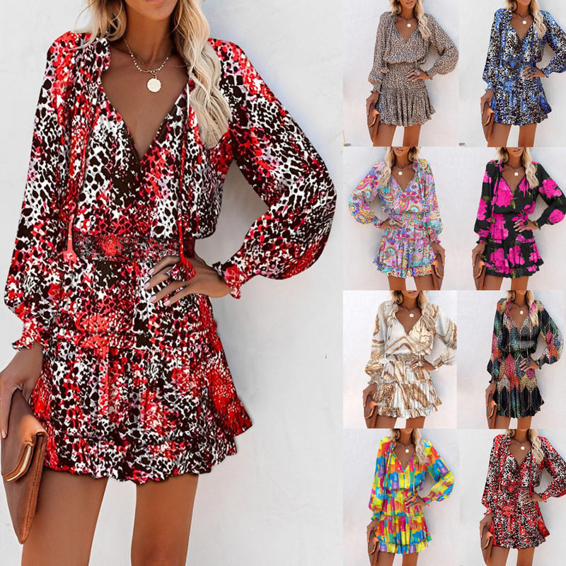 2023 Independent station wish Amazon explosion spring and summer long sleeve V-neck fashion printed waist dress women's clothing