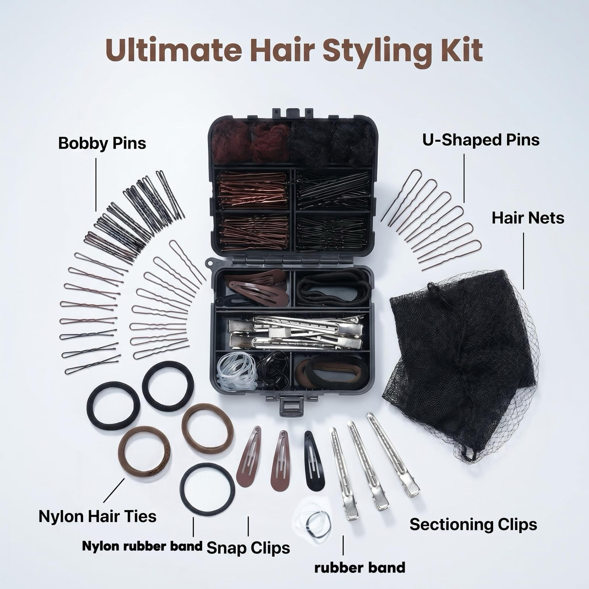 162-Piece Cross-Border Hair Styling Set Box, Black and Coffee Color U-Shaped Clips, High Elasticity Invisible Hair Nets, Bb Clips, Hair Bands, Towel Rings